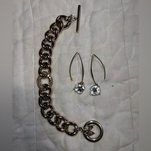 Gold clear crystal bracelet & earrings set with cushion cut stones jewelry